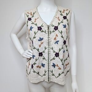 90s Vintage Cream Multi Color Floral & Lattice Embroidered Zip Up Sweater Vest